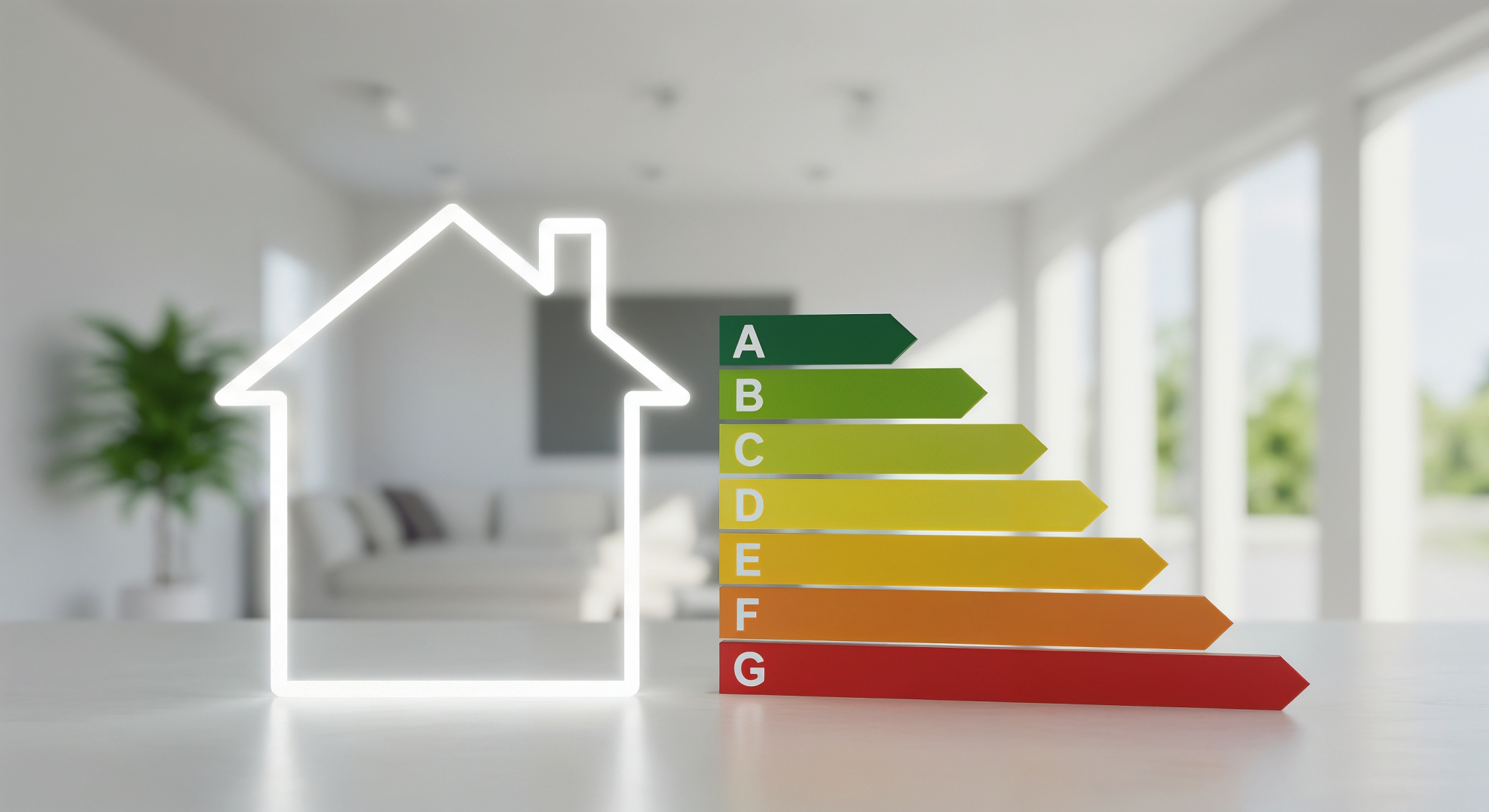 A white outline of a house is on the left, with a colorful energy efficiency rating chart to its right, featuring a gradient from green (A) to red (G), set against a blurred modern living room
